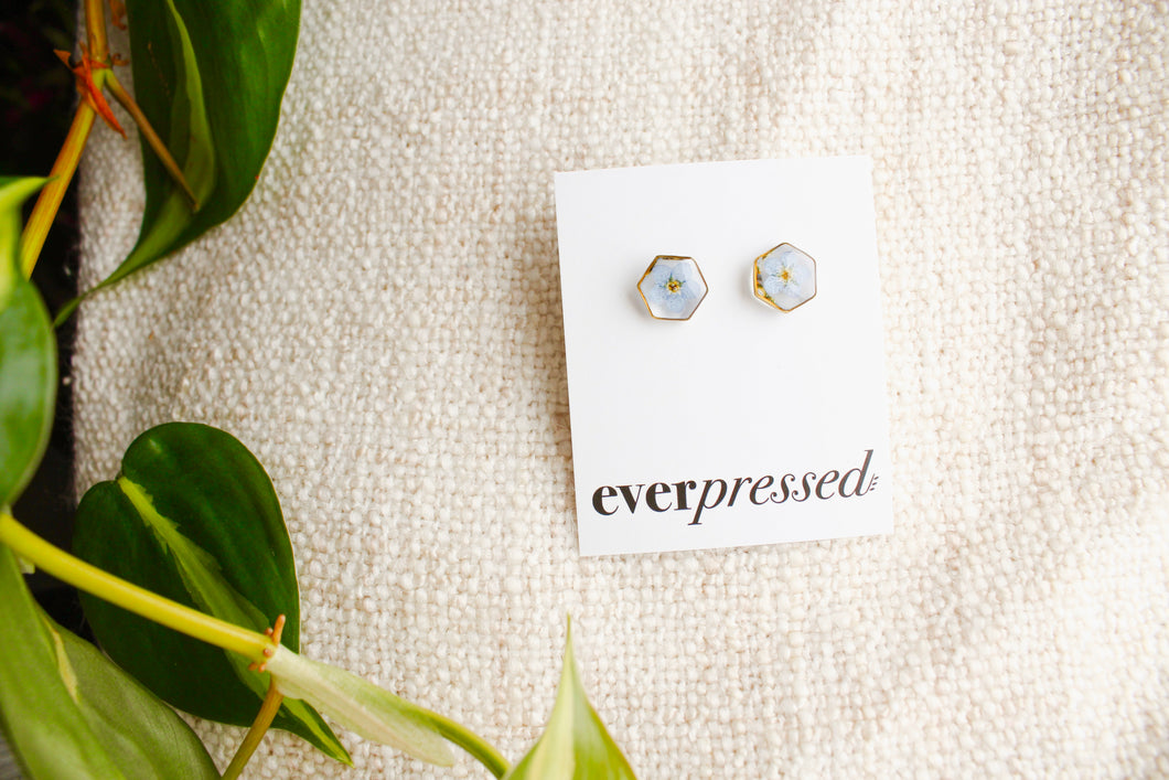 Blue Hexagon Studs - Gold